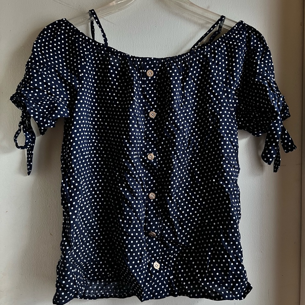 Navy Blue Polka Dots Off the Shoulder Blouse